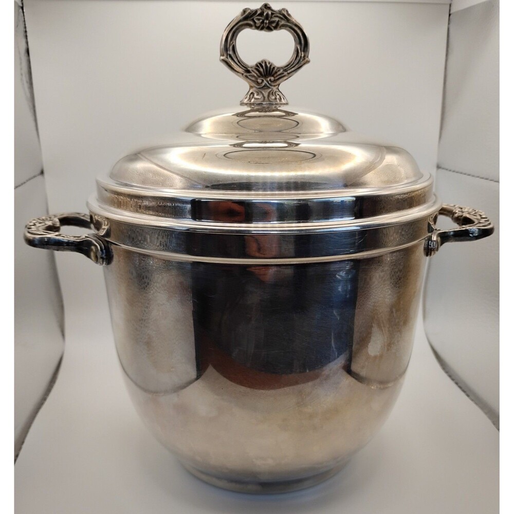 Sheridan Co Silver Plate Vintage Ice Bucket With Lid & Handles, Glass Lined